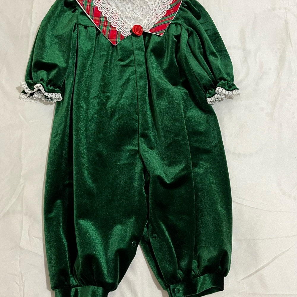 Little Precious Green Velvet Infant Romper with Lace & Plaid Trim Size 18 Months